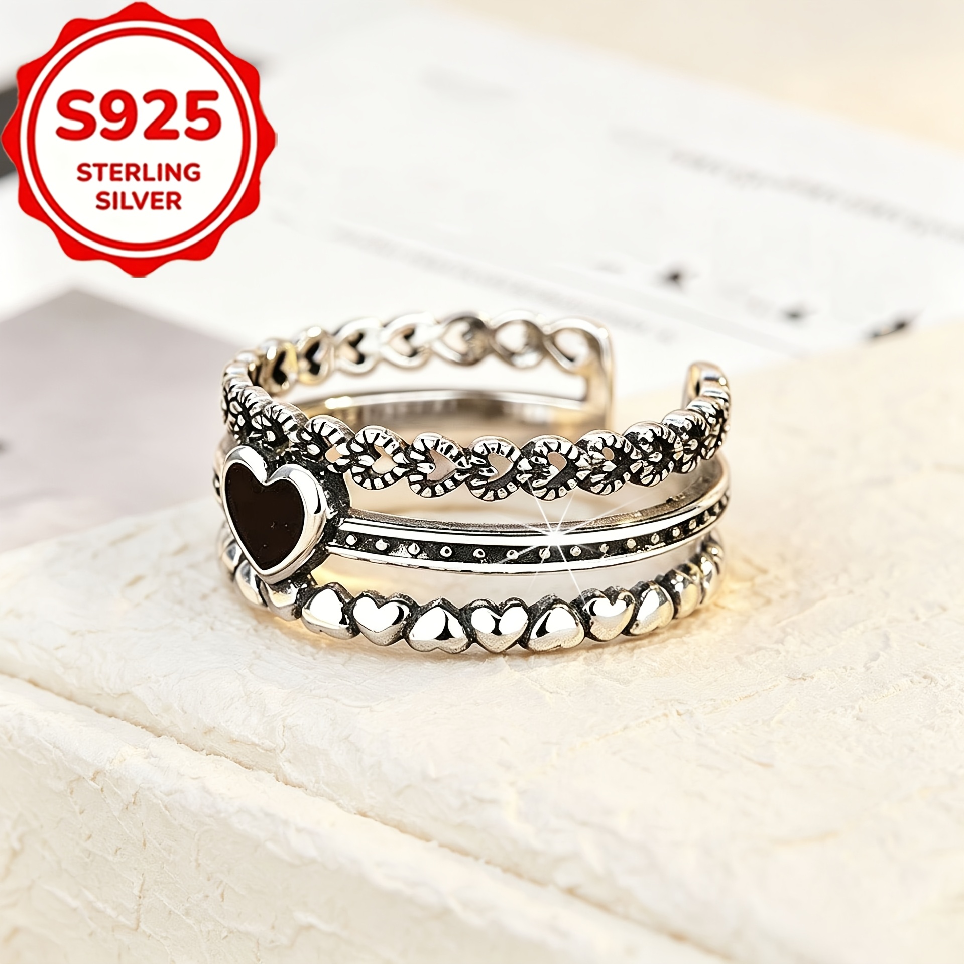 Women's S925 Silver Black Resin Heart Open Ring, Elegant Gift